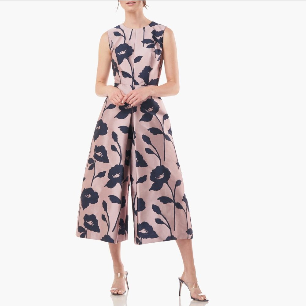 Kay Unger Floral Jacquard Jumpsuit Pink Navy Wide Leg Size 16 NWT